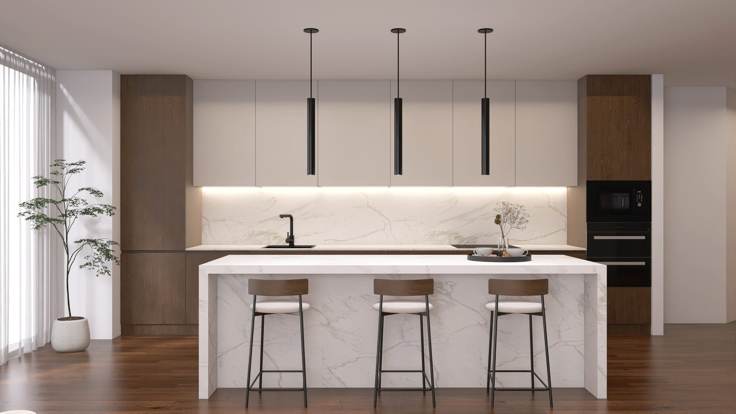 Cocina de lujo con isla de mármol en cascada y taburetes de madera