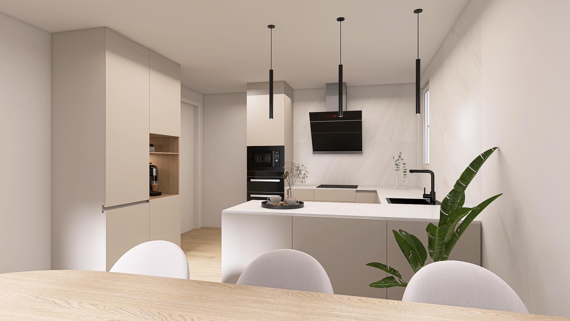 Render de cocina moderna con isla blanca y campana de diseño