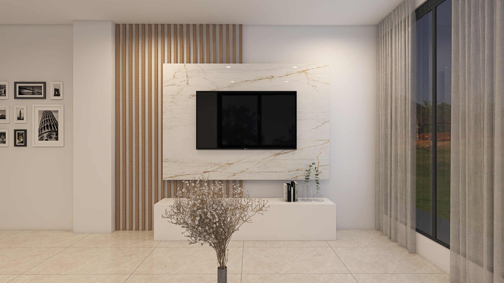 Mueble de salón con panelado de listones de madera y fondo de mármol