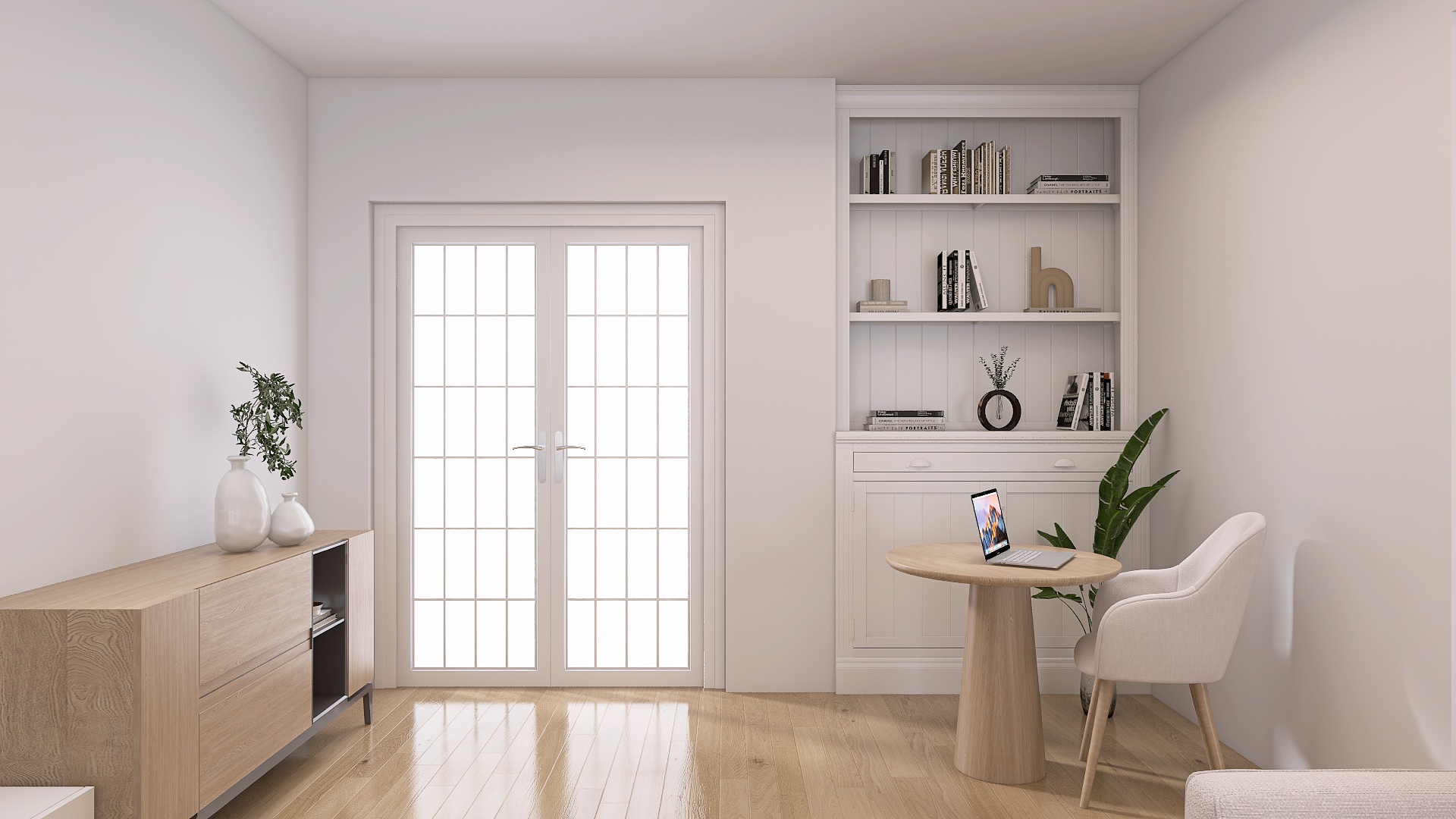 Librería blanca a medida integrada en pared con escritorio