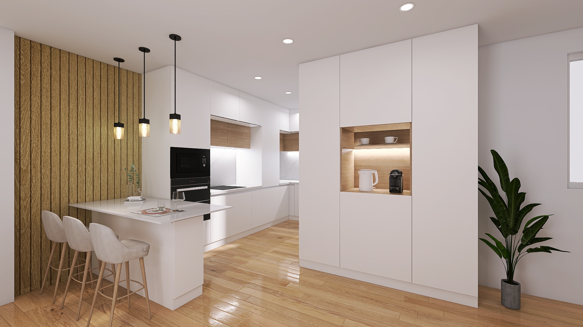 Render 3D de propuesta para reforma integral de salón y cocina abierta