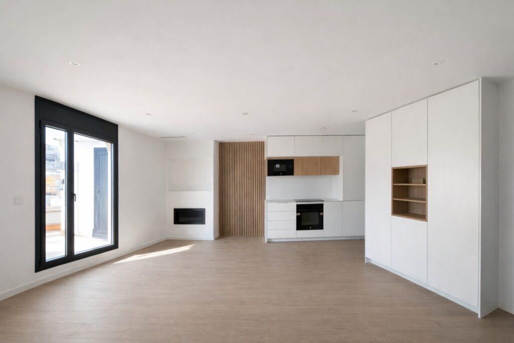 Salón comedor abierto con panelado de madera y estética minimalista